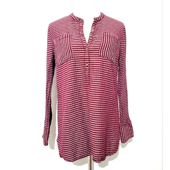 Merona Women’s Blouse Medium Burgundy Striped Long Sleeve Tunic Top 100% Cotton - Picture 1 of 11